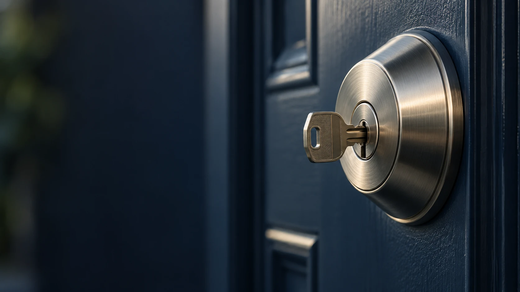 Brushed silver deadbolt lock with key inserted into dark blue door